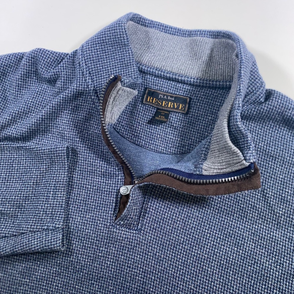 Jos A Bank Reserve Men XXL Blue Houndstooth‎ 1/4 Zip Cotton Sweater Suede Trim